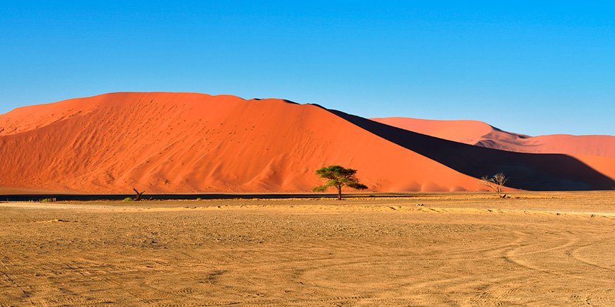 Aurinkoinen päivä Namibian Sossuvlei-kukkulalla